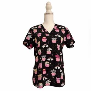 Zinnia Pink Cupcake & Animal Print Nursing Medical Scrub Top Women’s Large